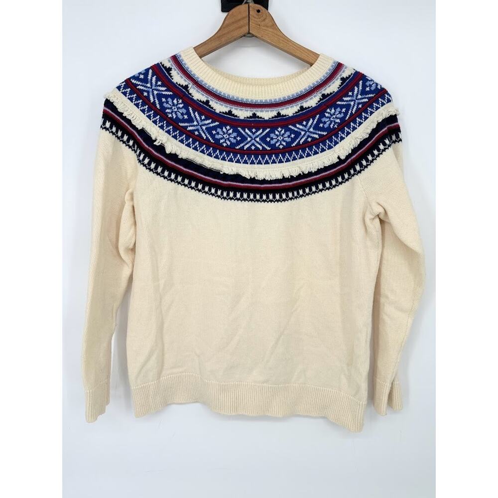 Talbots Fair Isle Fringe Pullover Wool Blend Sweater Womens Large Petite LP Boho